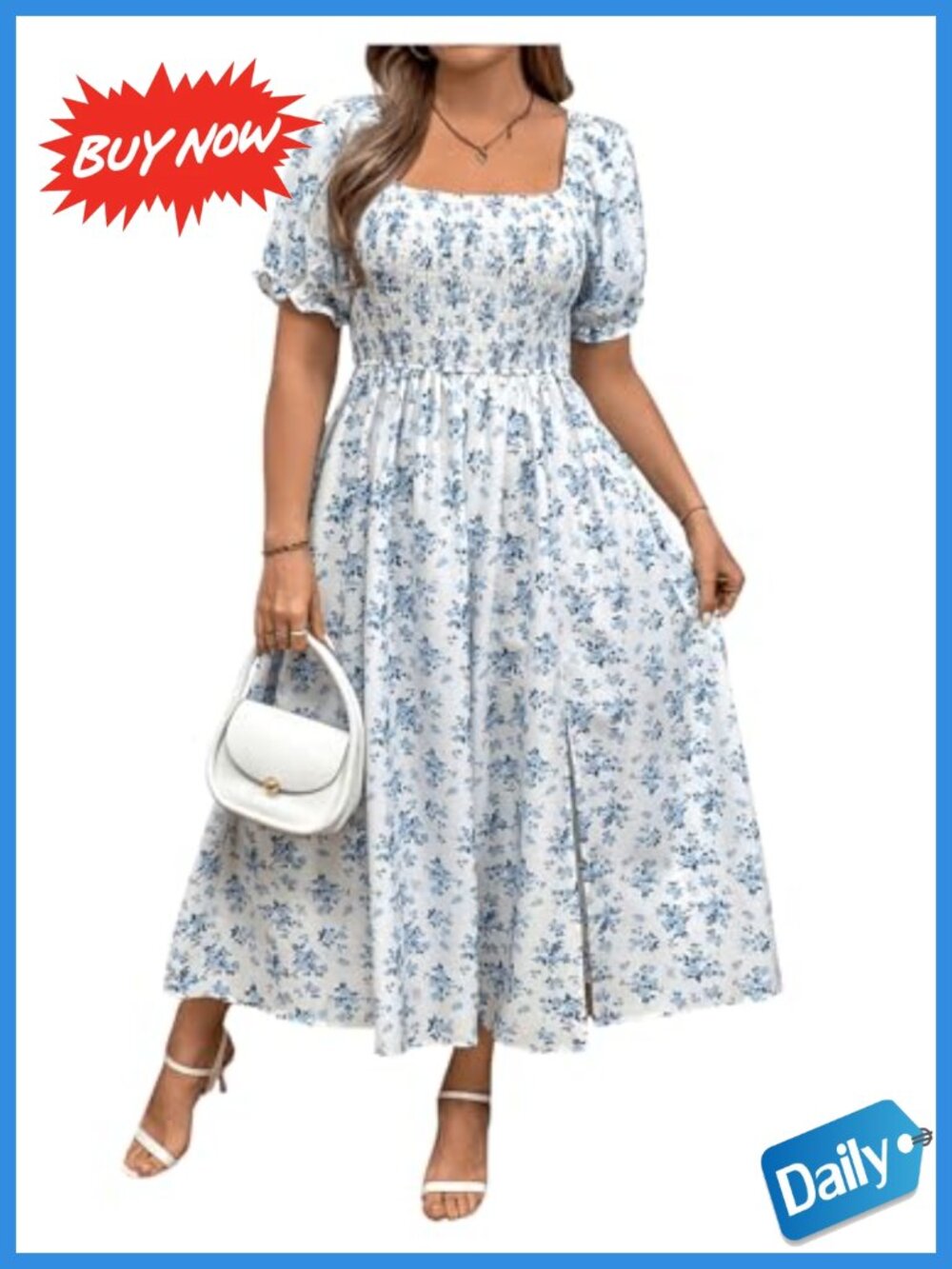 Plus Size Boho Floral Smock Dress Square Neck Open Back Split Thigh
